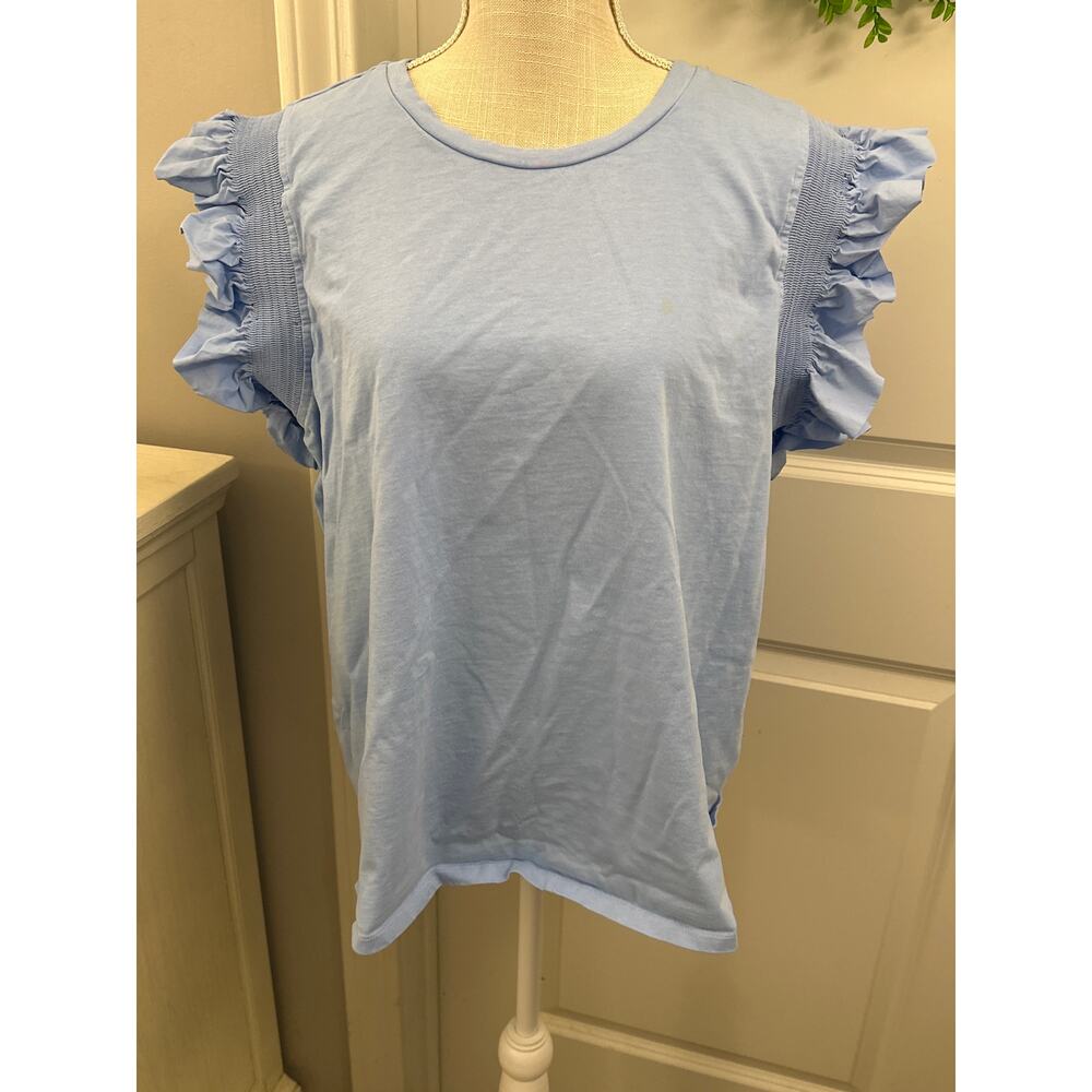 English Garden Size 2X Light Blue Heavy Tee with smocked and ruffled sleeve!